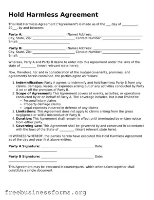 Official Hold Harmless Agreement Form