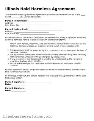 Blank  Hold Harmless Agreement Template for Illinois