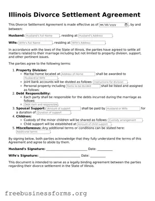 Blank  Divorce Settlement Agreement Template for Illinois