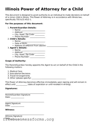 Blank  Power of Attorney for a Child Template for Illinois