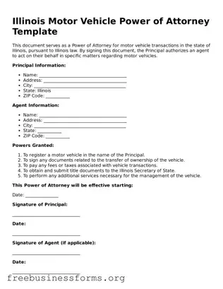 Blank  Motor Vehicle Power of Attorney Template for Illinois