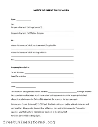 Official Intent To Lien Florida Form in PDF