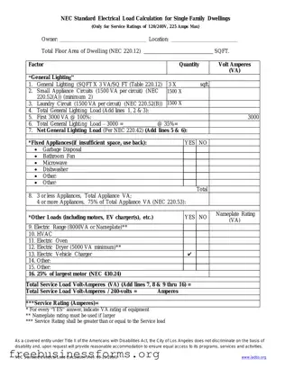 Official LADBS NEC Standard Electrical Load Calculation Form in PDF