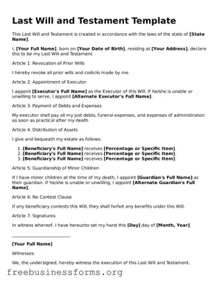 Official Last Will and Testament Form