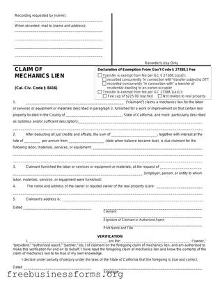 Official Mechanics Lien California Form in PDF