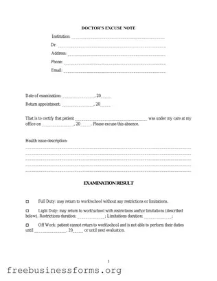 Official Doctors Excuse Note Form in PDF