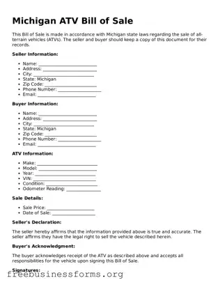 Blank  ATV Bill of Sale Template for Michigan