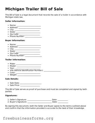 Blank  Trailer Bill of Sale Template for Michigan