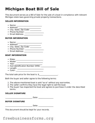 Blank  Boat Bill of Sale Template for Michigan