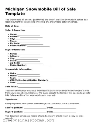 Blank  Snowmobile Bill of Sale Template for Michigan