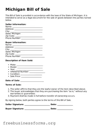 Blank  Bill of Sale Template for Michigan