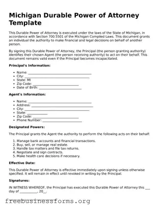 Blank  Durable Power of Attorney Template for Michigan