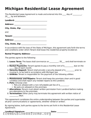Blank  Residential Lease Agreement Template for Michigan