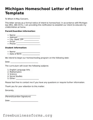 Blank  Homeschool Letter of Intent Template for Michigan