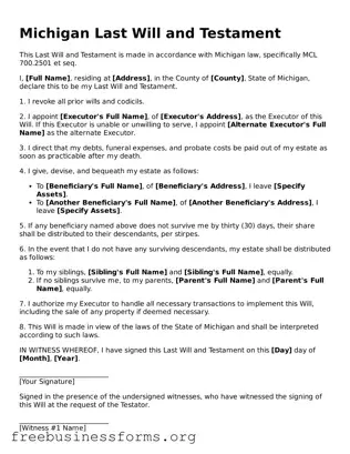 Blank  Last Will and Testament Template for Michigan