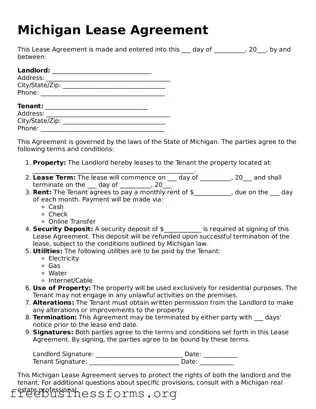 Blank  Lease Agreement Template for Michigan