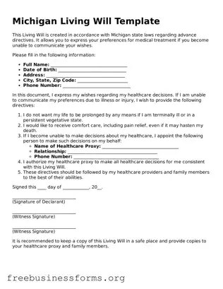 Blank  Living Will Template for Michigan