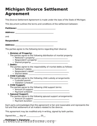Blank  Divorce Settlement Agreement Template for Michigan