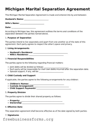 Blank  Marital Separation Agreement Template for Michigan