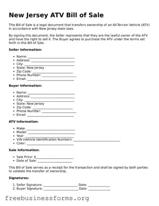 Blank  ATV Bill of Sale Template for New Jersey