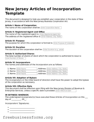 Blank  Articles of Incorporation Template for New Jersey