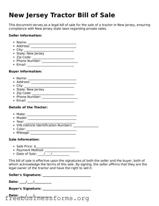 Blank  Tractor Bill of Sale Template for New Jersey