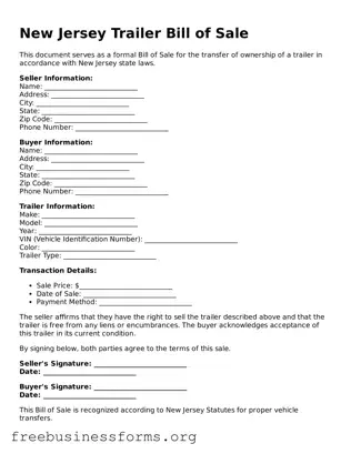 Blank  Trailer Bill of Sale Template for New Jersey