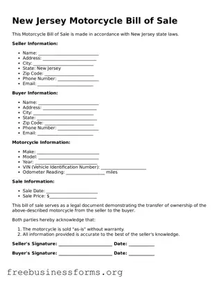 Blank  Motorcycle Bill of Sale Template for New Jersey