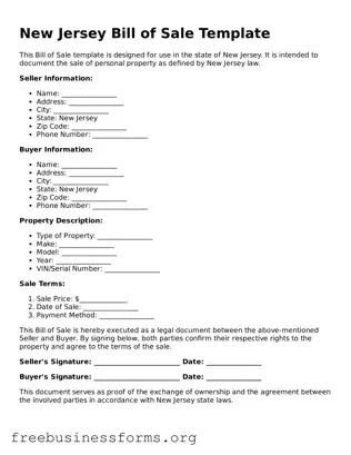 Blank  Bill of Sale Template for New Jersey