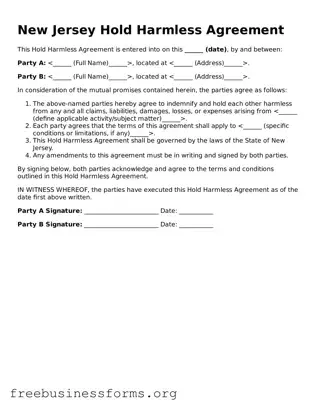 Blank  Hold Harmless Agreement Template for New Jersey