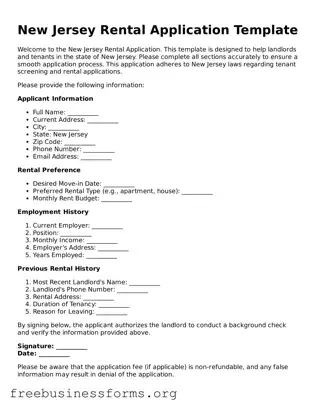 Blank  Rental Application Template for New Jersey