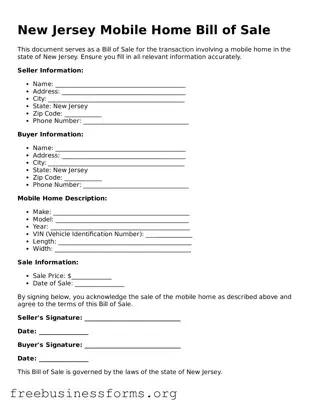 Blank  Mobile Home Bill of Sale Template for New Jersey