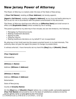 Blank  Power of Attorney Template for New Jersey