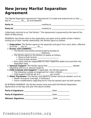 Blank  Marital Separation Agreement Template for New Jersey