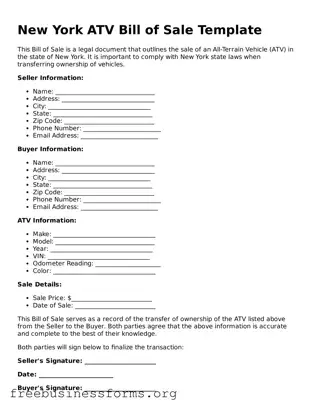 Blank  ATV Bill of Sale Template for New York
