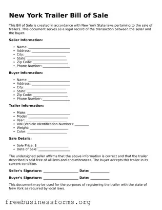 Blank  Trailer Bill of Sale Template for New York