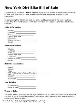 Blank  Dirt Bike Bill of Sale Template for New York