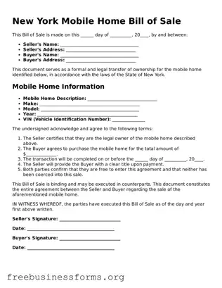 Blank  Mobile Home Bill of Sale Template for New York