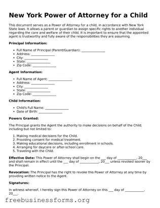 Blank  Power of Attorney for a Child Template for New York