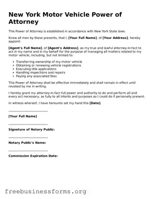 Blank  Motor Vehicle Power of Attorney Template for New York