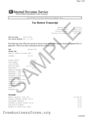 Official Sample Tax Return Transcript Form in PDF