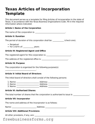 Blank  Articles of Incorporation Template for Texas