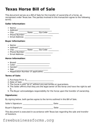 Blank  Horse Bill of Sale Template for Texas