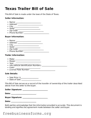 Blank  Trailer Bill of Sale Template for Texas