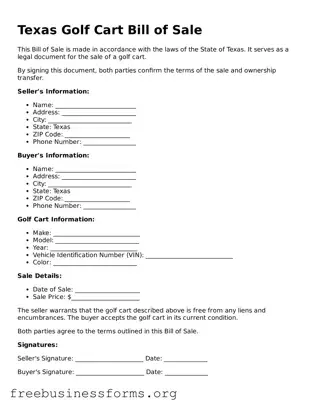 Blank  Golf Cart Bill of Sale Template for Texas