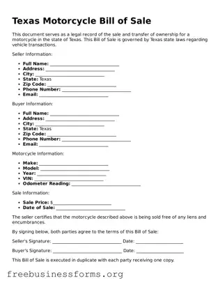 Blank  Motorcycle Bill of Sale Template for Texas
