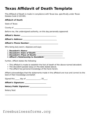 Blank  Affidavit of Death Template for Texas