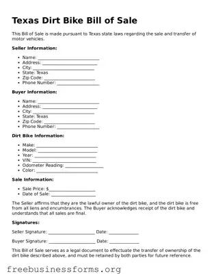 Blank  Dirt Bike Bill of Sale Template for Texas