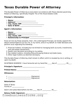 Blank  Durable Power of Attorney Template for Texas