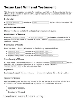 Blank  Last Will and Testament Template for Texas